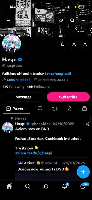 A screenshot of an X (Twitter) profile for 'Haspi' (@haspidox), a 'fulltime shitcoin trader' with 1.1K Following and 46K Followers, displaying a pinned post about 'Axiom now on BNB'.