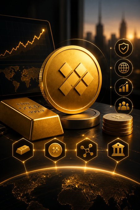 A glowing gold coin featuring the Binance "B" symbol sits beside a "Fine Gold 999.9" bar and stacked tokens, with surrounding icons representing security, global reach, and DeFi utilities like staking and liquidity. The image visually reinforces the post's message about $GGBR bridging physical gold with tokenized, DeFi-enabled accessibility.