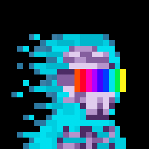A pixelated glitch-style image shows a figure in blue and purple tones dissolving into colorful blocks against a black background.