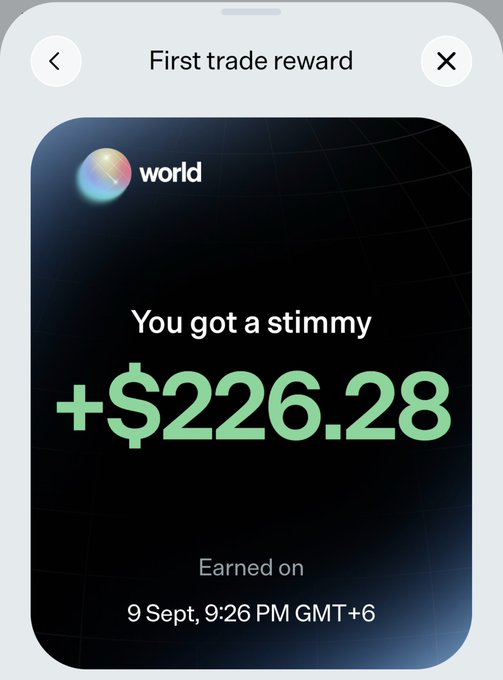 A mobile screen displays a "First trade reward" notification from World, showing the user earned "+$226.28" stimmy on 9 Sept, 9:26 PM GMT+6. The image supports the post by visually confirming the referral reward from World mentioned in the caption.