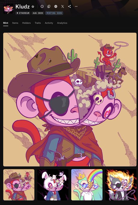 An NFT collection webpage titled 'Kludz' showcases cartoon monkey character illustrations in various themes, including the currently displayed 'Western Outlaw' design, with smaller thumbnails of other variations below.
