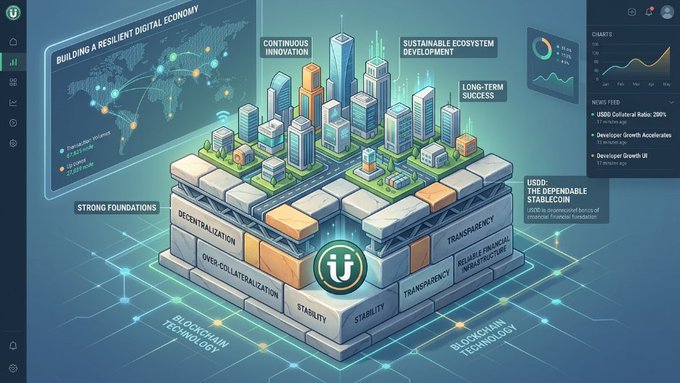 A futuristic infographic titled 'BUILDING A RESILIENT DIGITAL ECONOMY' featuring a glowing isometric city built on blockchain foundations labeled with concepts like decentralization, transparency, and stability, referencing USDG as a dependable stablecoin.