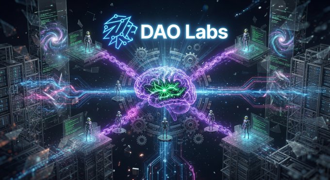 A futuristic digital artwork displaying 'DAO Labs' with a neon brain, glowing circuit patterns, and astronaut figures against a cyberpunk cityscape.