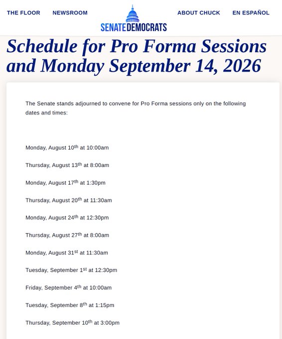A Senate Democrats webpage showing 'Schedule for Pro Forma Sessions and Monday September 14, 2026' listing various adjournment and convene dates from August through September 2026.