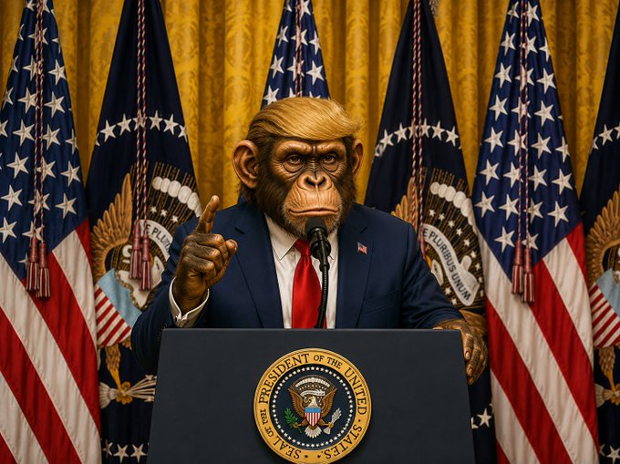 A digital illustration depicting a chimpanzee in a blue suit and red tie, styled with Donald Trump's hair, pointing upward while speaking at a podium bearing the Seal of the President of the United States, set against a backdrop of American flags.