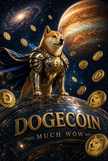 A digital artwork of a Shiba Inu dog in golden armor with a Dogecoin 'D' emblem, set against a space background with a planet and Dogecoin coins, captioned 'DOGECOIN MUCH WOW'.