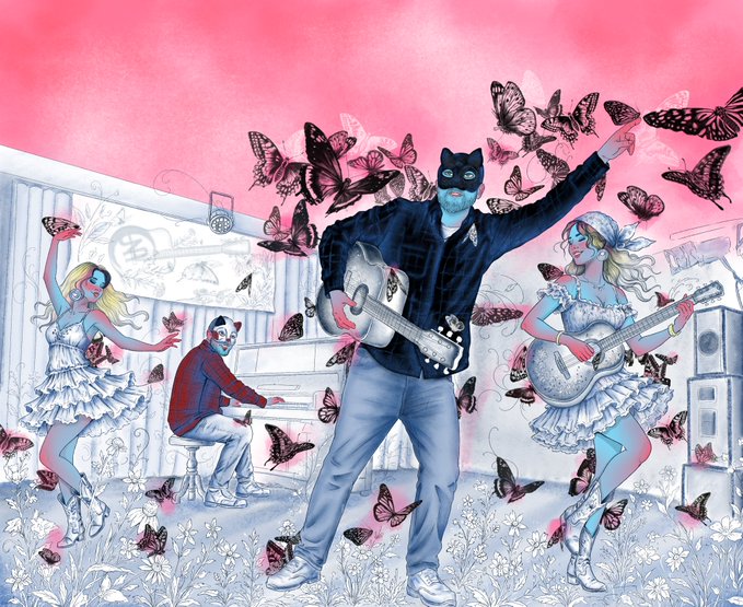 A surreal digital illustration depicting masked figures playing guitars amid swarms of butterflies, with a central figure wearing a black cat mask surrounded by a pink sky.