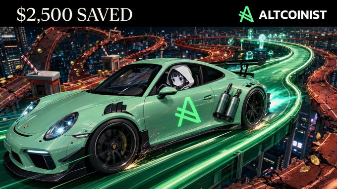 An Altcoinist promotional banner showing '$2,500 SAVED' alongside an anime-style character driving a green Porsche with the Altcoinist 'A' logo on a glowing highway at night.