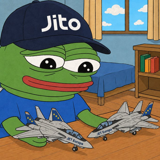 A cartoon illustration of the Pepe the Frog meme character wearing a blue 'Jito' cap and shirt, holding two toy fighter jets labeled 'JET Europa'.