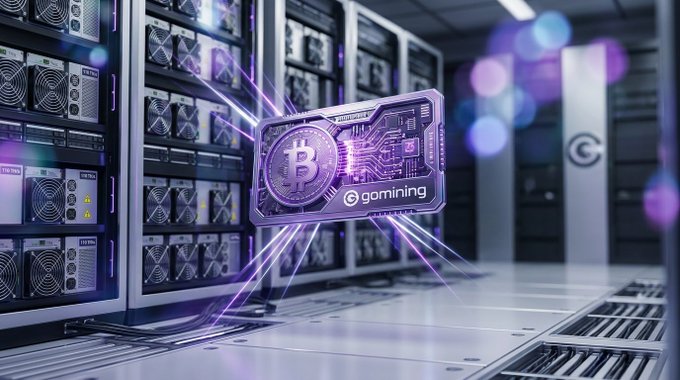 A purple neon-styled promotional image showing a Bitcoin coin shaped like a circuit board with "gomining" branding, set against a data center server room background.