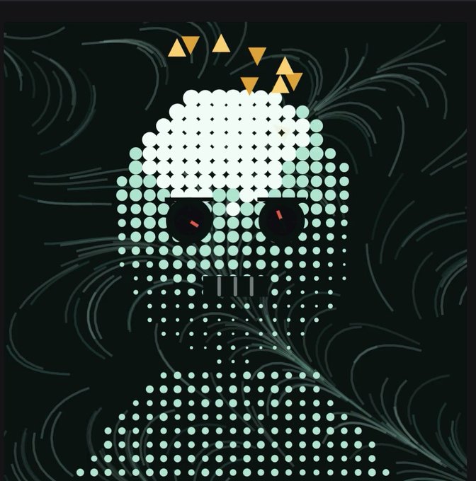A pixel-art style skull with glowing red eyes and teal dot-matrix shading sits atop a matching skeletal torso against a dark, swirling background, with small gold triangles floating near the crown of the skull as a digital crown motif. The ominous, "lord of the chains" aesthetic pairs with the caption "Every day stay LSA" to evoke a gritty, loyalist crypto meme vibe for the @WizardX_0x persona.