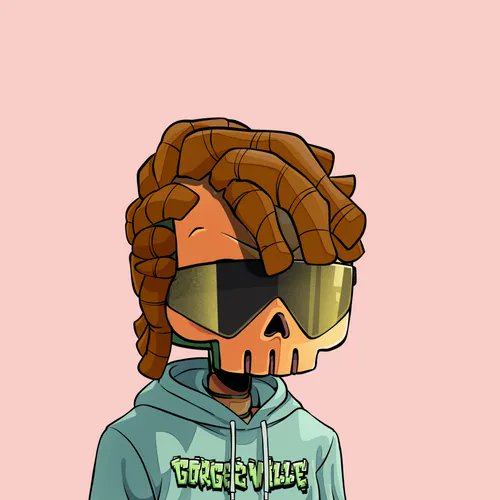 A cartoon-style skeleton wears reflective visor sunglasses, brown dreadlocks, and a teal hoodie with the text 'GORG3Y VILL4' on the chest, against a mauve background.