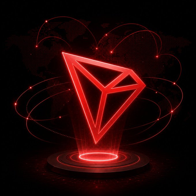 A glowing red TRON logo hovers above a circular platform, surrounded by orbiting light trails and a faint world map backdrop, symbolizing global connectivity and innovation. The neon aesthetic reflects the post's message about TRON expanding developer education and builder programs to strengthen the future of Web3.