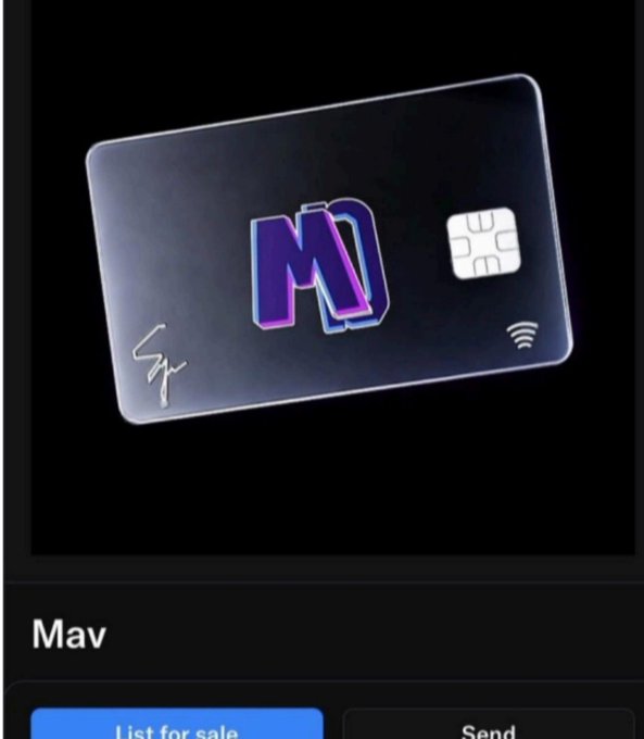 A black credit card featuring a purple and blue "M" logo with a contactless symbol and a signature panel, labeled "Mav" below.