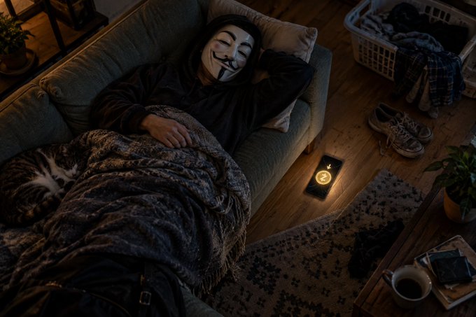 A person wearing a Guy Fawkes mask lies sleeping on a couch under a blanket, with a smartphone displaying an alarm or notification glowing on the wooden floor beside them.