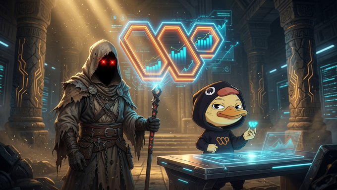A hooded figure with glowing red eyes and a staff stands beside a hoodied duck mascot (Quack) analyzing blue holographic charts and graphs in an ancient temple setting, with a stylized glowing "W" logo prominently displayed—visually reinforcing the post's sentiment about Wallchain's analytics and value-tracking capabilities.