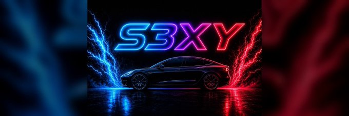 A sleek black car silhouette stands between vibrant blue and red lightning bolts, with a glowing neon "S3XY" sign overhead, promoting a meme contest for the $S3XY token community offering a $225 prize pool across three winners.