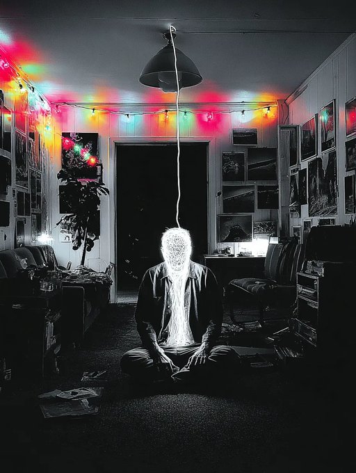 A person sitting cross-legged on the floor in a dark room with colorful string lights on the walls, their face appearing as a glowing white blur.