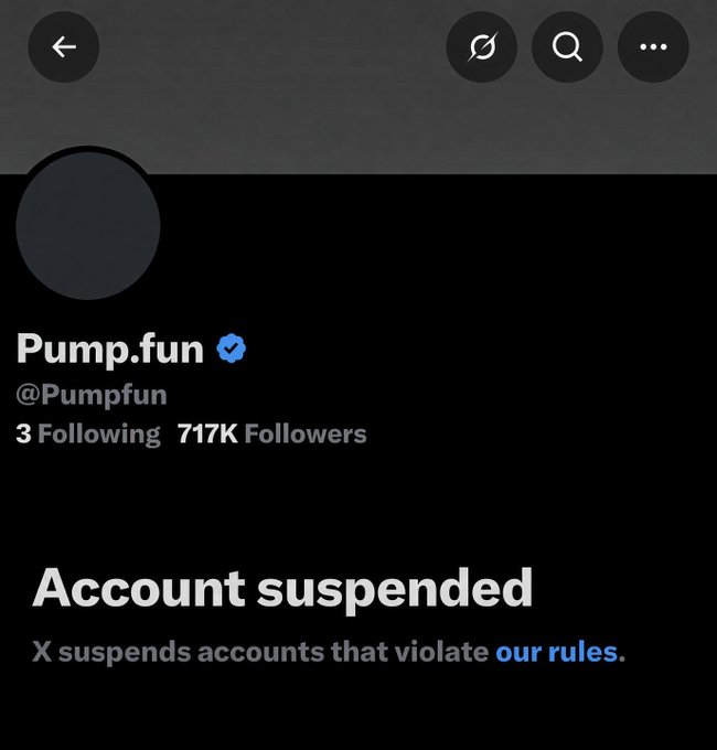 A screenshot of the X (formerly Twitter) profile for Pump.fun (@Pumpfun), showing 717K followers but indicating the account is suspended for violating rules.