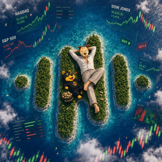A surreal promotional graphic for HTX cryptocurrency exchange featuring the Shiba Inu mascot relaxing on a tropical island shaped like the HTX logo, with a person lying nearby and floating financial tickers showing NASDAQ 15,120.72 (+2.35%), S&P 500 4,567.89 (-1.18%), and DOW JONES 35,632.22 (+1.41%).
