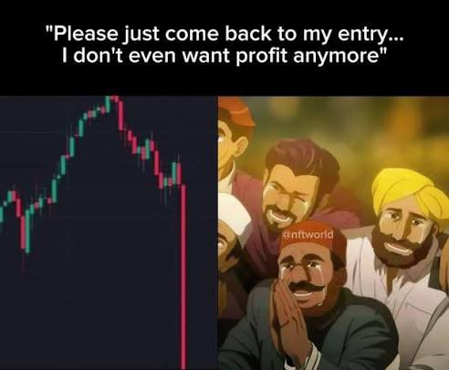 A meme featuring a candlestick chart showing a steep price drop on the left and a group of men with distressed, pleading expressions on the right, captioned "Please just come back to my entry... I don't even want profit anymore" — humorously capturing the despair of crypto traders watching their investments plummet, aligning with the post's joke about every purchased coin crashing.