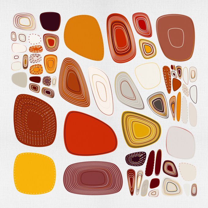 An abstract digital artwork featuring an array of organic, blob-like shapes in warm terracotta, orange, yellow, rust, and cream tones with concentric outlines and varied patterns, complementing the post's reference to the "Terracotta" NFT collection listed at 0.03 Ξ via @TransientLabs.