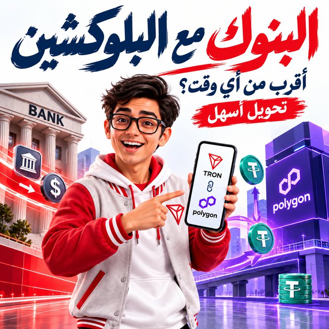 The image is an Arabic-language promotional graphic featuring a smiling young man holding a smartphone displaying the TRON and Polygon logos, with text translating to "Partnership with Blockchain: Coming soon? The easiest transfer," alongside imagery of bridges connecting to a "BANK" building and USDT symbols. This visual reinforces the post's message about TRON and Polygon's partnership bridging traditional banking with blockchain technology to simplify USDT transactions for fintech companies.