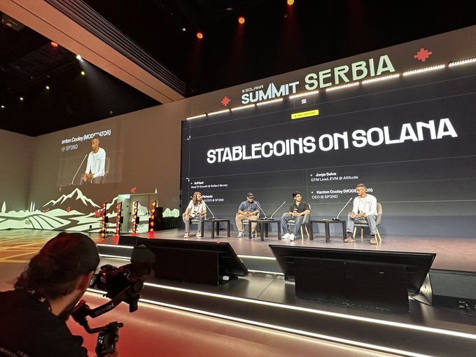 A panel discussion at the Solana Summit Serbia titled 'STABLECOINS ON SOLANA', featuring speakers including Jovana Opančić from SPIRO and Jurgen Saliba from CTRL4TRADE.