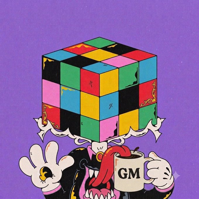 Illustration of a cartoon character with a Rubik's Cube for a head and a vampire-like face holding a 'GM' coffee mug against a purple background.