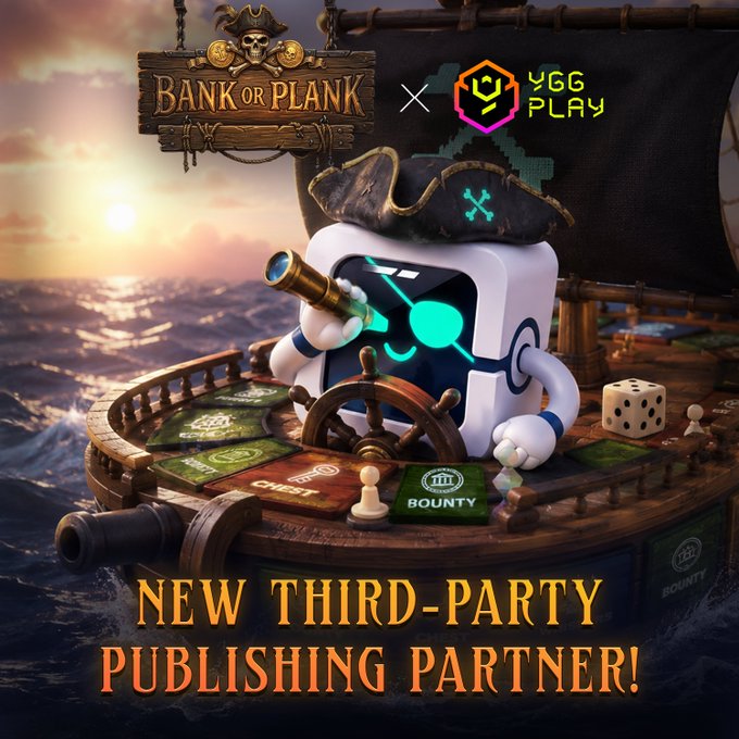 The image features a poster for a new third-party partnership between Hackathon champion Bank or Plank and the Ygg Play company. The poster showcases a pirate ship with a robot character, symbolizing the collaboration between these two parties. The pirate ship is floating on the ocean, while the robot character holds a telescope in its hands. The text on the poster announces that they are teaming up to bring Bank or Plank's pirate-themed 3D multiplayer board game to the Ygg Play Launchpad.