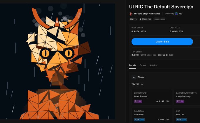 An NFT listing page showing 'ULRIC The Default Sovereign' from the 'Late Stage Archetypes' collection on Ethereum, featuring a geometric/polygonal orange fox-like character, priced at 0.0204 WETH best offer.