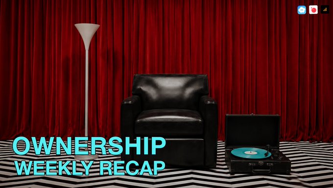 A black leather armchair sits against a red curtain with a teal lamp and record player nearby, with "OWNERSHIP WEEKLY RECAP" displayed in bold text—a fitting retro-themed backdrop for the post's summary of MetaDAOProject's latest milestones, including CoreAlms' $70K raise on Futard and Jurassic's developments.
