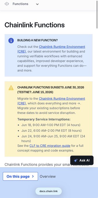 A documentation page for Chainlink Functions noting a sunset date of June 30, 2026 and temporary service interruptions, with a prompt to migrate to the Chainlink Runtime Environment (CRE).