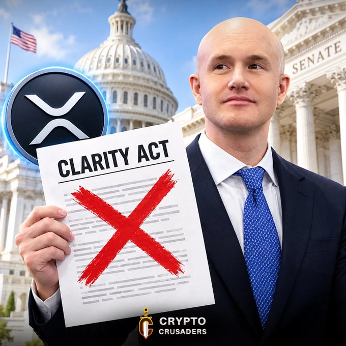 A man in a suit holds a document labeled 'CLARITY ACT' marked with a large red X, with the XRP logo and 'CRYPTO CRUSADERS' branding, set against the U.S. Capitol building.