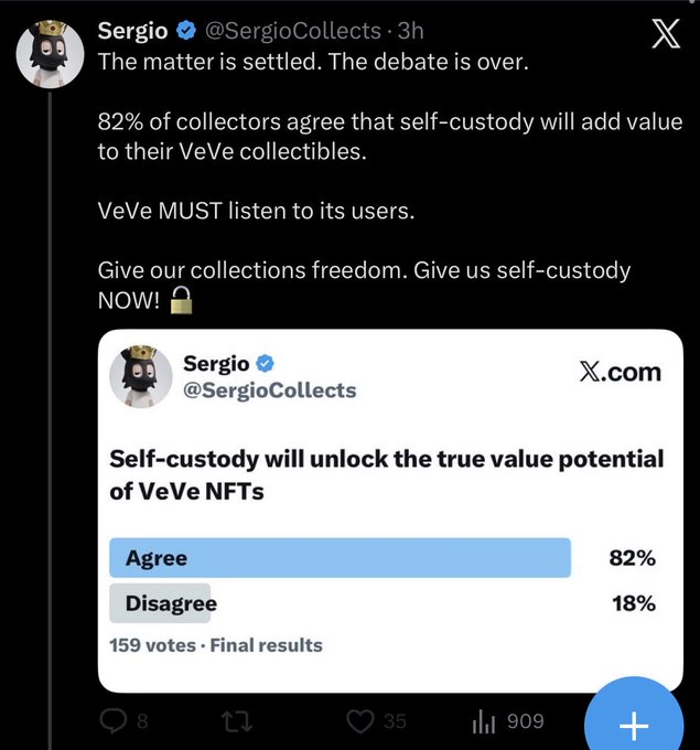 The image shows a tweet from @SergioCollects highlighting a poll where 82% of 159 voters agree that "Self-custody will unlock the true value potential of VeVe NFTs," with Sergio demanding the platform grant self-custody to users. The accompanying post contradicts this view by arguing that self-custody has actually caused floor prices to drop 50-90% on competing NFT platforms like Cryptoys, McFarlane, Candy, Quidd, and Recur, suggesting VeVe's custodial model has kept its floors stronger by preventing a small group of "cowls" from manipulating them.