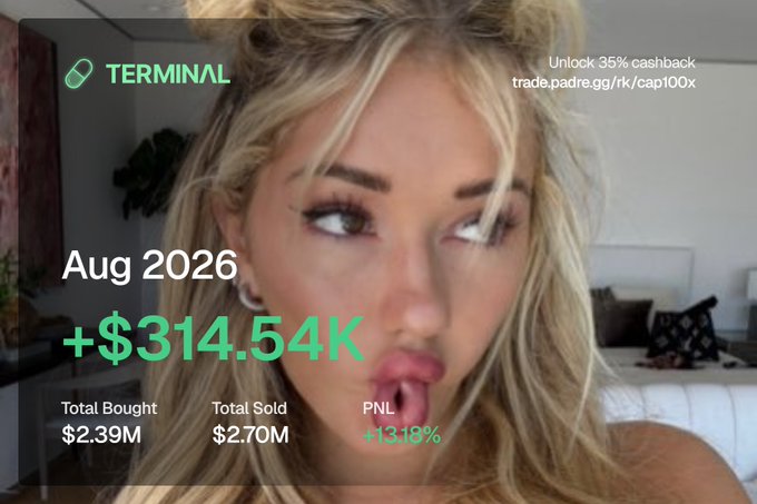 The image shows a Trading Terminal screenshot overlaid on a selfie of a blonde woman, displaying performance metrics for August 2026: a profit of +$314.54K with total bought $2.39M, total sold $2.70M, and PNL +1318%. Accompanying text from "trade.padre" celebrates this as her biggest month ever, with $110K roundtripped and reaching 33K followers on PumpApp, with the image visually representing the trading milestone mentioned.