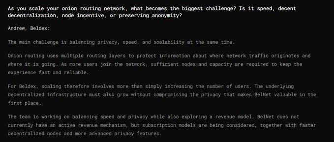 Text snippet showing a Q&A with Andrew of Beldex about onion routing, explaining that the main challenge is 'balancing privacy, speed, and scalability at the same time' as the network grows.