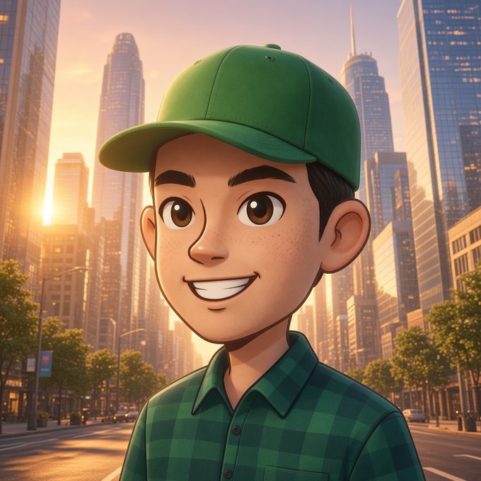 A cartoon-style 3D illustration of a smiling young man wearing a green cap and green checkered shirt, set against a city skyline with skyscrapers at sunset.