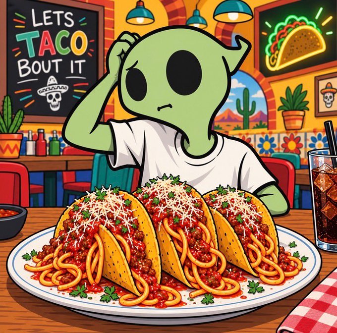 A cartoon illustration features a green alien sitting at a Mexican restaurant table with a large plate of three tacos, beneath a sign reading 'Lets Taco Bout It'.