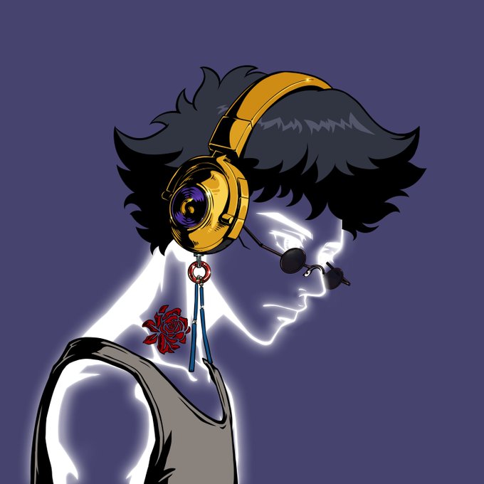 A profile illustration of a figure with dark messy hair wearing gold and purple headphones with a microphone, featuring a red rose tattoo on their neck against a purple background.