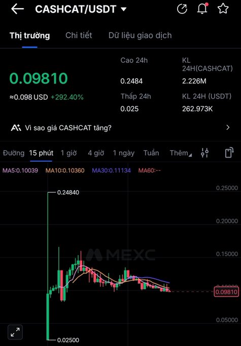 A cryptocurrency trading chart on MEXC showing the CASHCAT/USDT pair at 0.09810 USD with a +292.40% increase, displayed on a 15-minute interval.