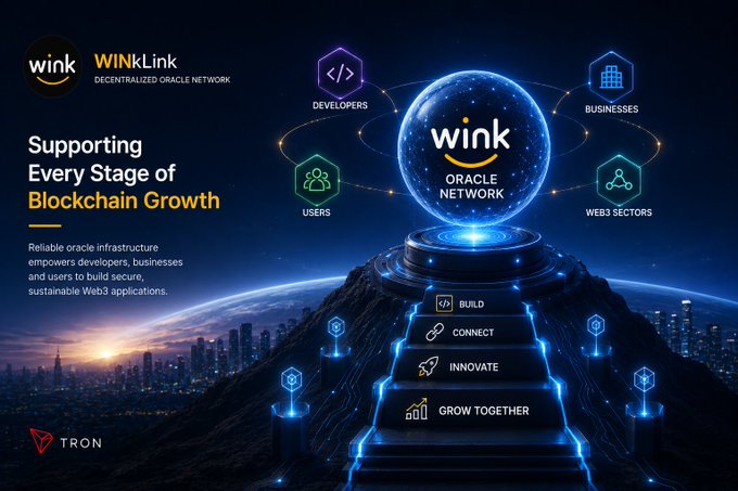A promotional graphic for WINkLink, a 'Decentralized Oracle Network,' with the tagline 'Supporting Every Stage of Blockchain Growth' and featuring icons for Developers, Businesses, Users, and Web3 Sectors, branded with the TRON logo.