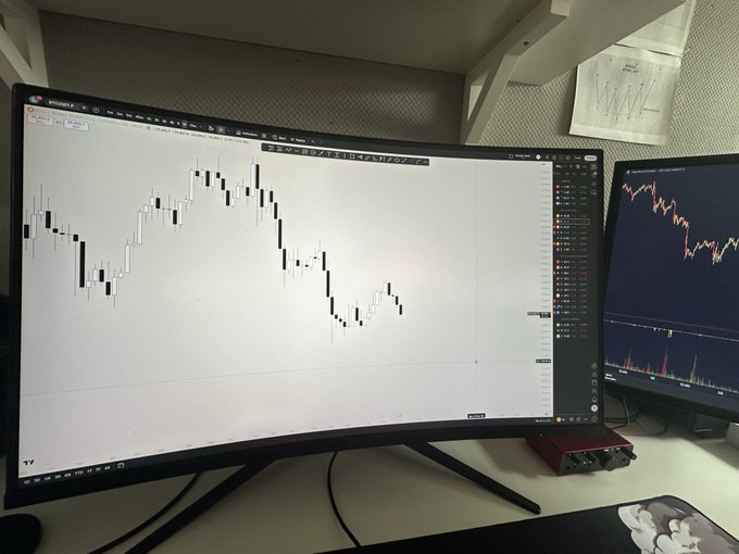 The image shows a computer monitor displaying a stock chart, with two monitors placed side by side on a desk. The screens are turned off or muted, indicating that they are not actively being used at the moment. The stock chart itself features various lines representing different stocks and their values over time. The post about GM fam! $BTC slicing through all long POI's like its nothing Market structure and liquidity does it again seems to be discussing a recent event in the stock market, possibly related to Bitcoin or another cryptocurrency.
