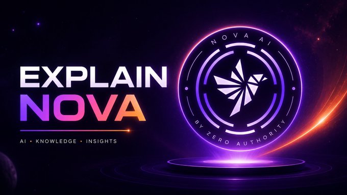 A promotional banner for "EXPLAIN NOVA" by Zero Authority, featuring a glowing purple emblem with "NOVA AI" branding and the tagline "AI · KNOWLEDGE · INSIGHTS."