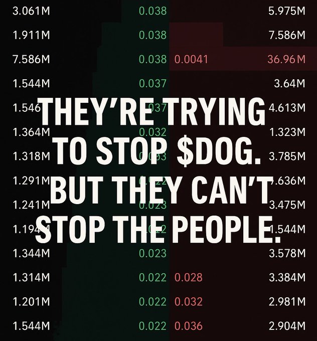 Crypto meme with bold text reading 'THEY'RE TRYING TO STOP $DOG. BUT THEY CAN'T STOP THE PEOPLE.' overlaid on trading numbers.