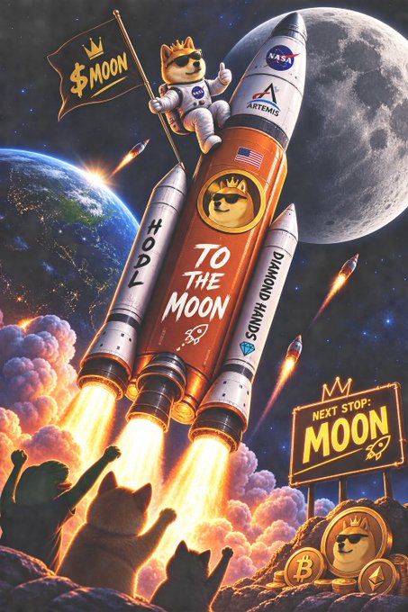 A vibrant space scene featuring a NASA Artemis rocket labeled "TO THE MOON" and "HODL", with a crowned Shiba Inu astronaut holding a "$MOON" flag, alongside Earth and the Moon, while cat figures watch from below.
