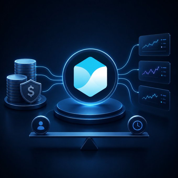 A 3D graphic showing a balance scale with stacks of coins and a dollar shield on one side, and three upward-trending chart panels on the other, centered around a glowing blue shield logo on a pedestal.