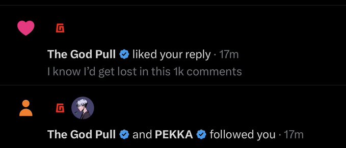 The image displays YouTube notifications showing that "The God Pull" liked the user's reply with the text "I know I'd get lost in this 1k comments," and both "The God Pull" and "PEKKA" followed the user. These notifications support the post's excitement about gaining a whitelist and follow from The God Pull.