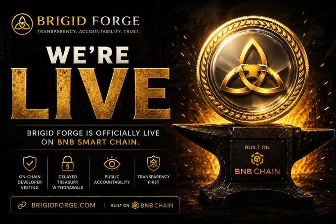A promotional graphic for **Brigid Forge** announces "WE'RE LIVE" with bold gold text on a dark forge background, featuring a Celtic triquetra medallion resting on an anvil above flames. The banner highlights the project's launch on **BNB Smart Chain** and showcases four core values: on-chain developer vesting, delayed treasury withdrawals, public accountability, and transparency-first, reinforcing the post's message about delivering a fair, no-presale launch.
