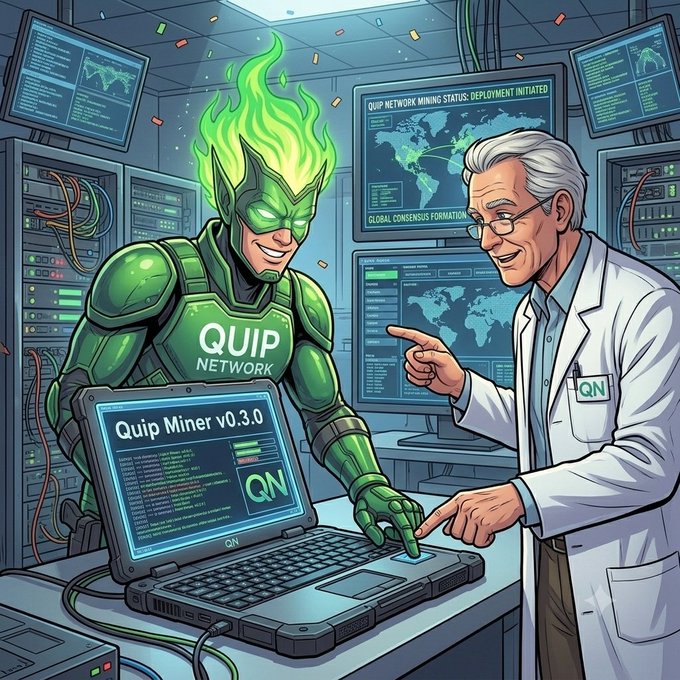 An anime-style illustration shows a green-suited superhero labeled "QUIP NETWORK" working alongside a scientist on "Quip Miner v0.3.0" software, with screens displaying "QUIP NETWORK MINING STATUS: DEPLOYMENT INITIATED" and "GLOBAL CONSENSUS FORMATION."